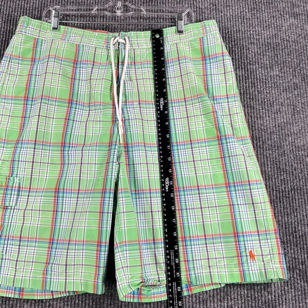 Polo Ralph Lauren Swim Trunks Mens Size Large Green Plaid Drawstrings Beach Pool